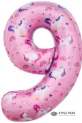 Шар (34''/86 см) Цифра, 9 Волшебные единороги, Розовый, 1 шт. в уп.