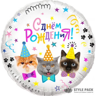 Шар (18''/46 см) Круг, Котики, С Днем Рождения!, 1 шт. в уп.